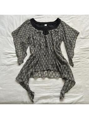 Axes Femme Black Silver Floral Chiffon Blouse Whimsigoth Fairy Grunge M Japan